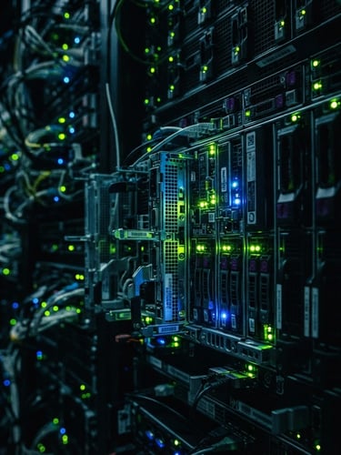 Macro shot of a high-density server rack with blinking neon green and electric blue status lights, dark server room environment, high contrast, 35mm