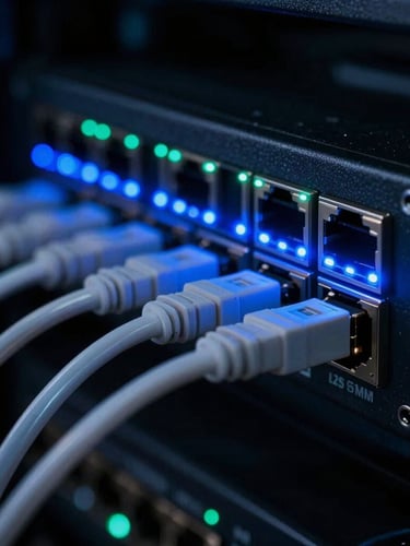 Extreme close-up macro shot of fiber optic cables plugged into a high-speed network switch, glowing blue LED indicators, dark high-contrast server room, 35mm