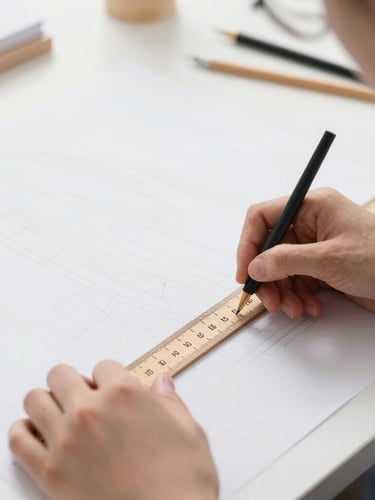 Close-up of a designer drafting a pattern with a wooden ruler on clean white paper, natural daylight, soft focus, professional apparel studio