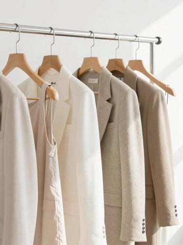 Bright high-key fashion photography, soft natural daylight, a modern clothing rack with structured neutral garments, 50mm lens, clean white studio background