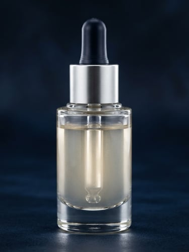 Macro shot of a high-end cosmetics bottle with sharp studio lighting, displaying clean product packaging, set against a dark navy background, 35mm.