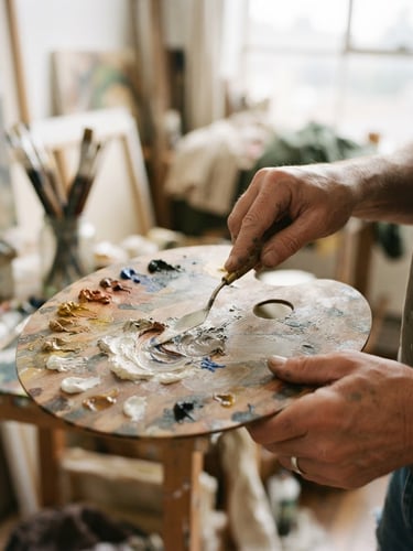 Close-up of artist hands mixing warm gray pigments on a wooden palette in a sunlit studio, shallow depth of field, 35mm film aesthetic