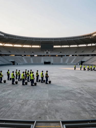 Wide environmental shot of a massive empty festival arena at dawn, clean concrete floors, professional cleaning crew in matching navy uniforms standing in formation with high-vis vests, crisp morning light.