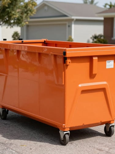 Crisp commercial photography of a clean safety-orange Lyons roll-off dumpster placed neatly on a paved residential driveway, bright mid-morning daylight, sharp focus, 35mm lens