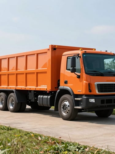 A clean safety-orange Lyons hauling truck parked on a neat driveway in Mansfield Ohio, bright morning light, 35mm lens