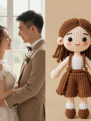 A close-up side-by-side split comparison, on the left a warm photograph of a smiling couple at a wedding, on the right a meticulously detailed custom crochet portrait doll matching their exact outfits, soft natural window lighting, rich beige background