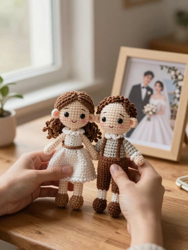 Close-up of artisan hands holding a finished custom crochet couple doll next to their wedding photograph on a wooden table, soft window light, warm tones
