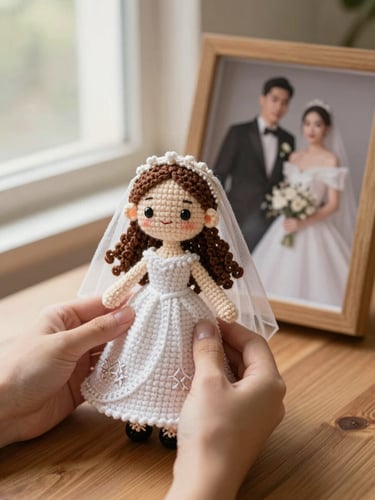 Warm editorial photography of a finished custom crochet wedding doll held in hands next to a real-life wedding photograph on a wooden table, soft natural window light, rich beige and brown tones, shallow depth of field, 35mm