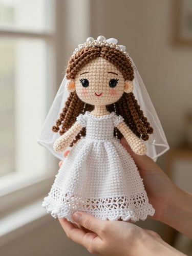 Close-up of a custom crochet wedding portrait doll held gently in hands, soft natural window lighting, rich beige and oatmeal background, 35mm
