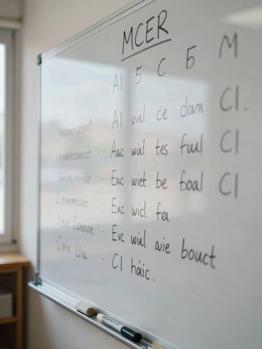 Close-up of a classroom whiteboard in Jávea with handwritten MCER level labels A1 through C1 and vocabulary exercises, dry-erase marker resting on the tray, cool natural window light from the left, no people visible, documentary framing