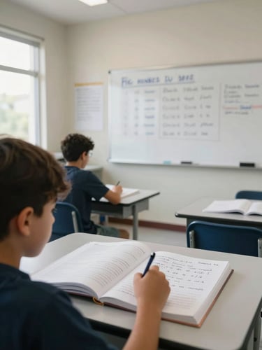 Wide shot of a bright classroom interior, a student working at a desk with an open textbook and handwritten notes, whiteboard visible in the background with Spanish curriculum content, natural window light from the left, documentary framing