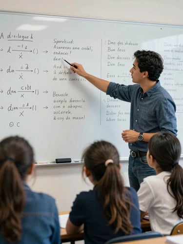 Close environmental shot of a small-group lesson in progress, teacher pointing at a whiteboard covered in equations and Spanish grammar notes, two students looking at the board, cool indoor daylight, mid-shot showing the room setup