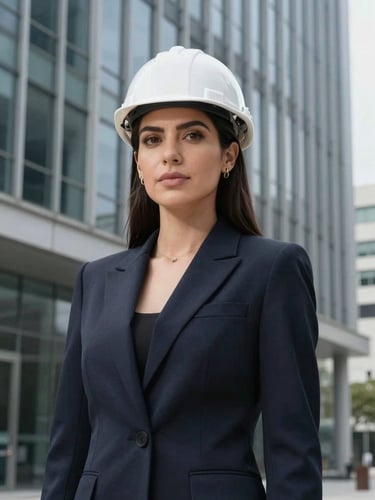 Medium-close portrait of a female civil engineer, Camila, in a sophisticated dark navy blazer, looking confident, with a clean architectural background of modern glass structures under bright daylight.