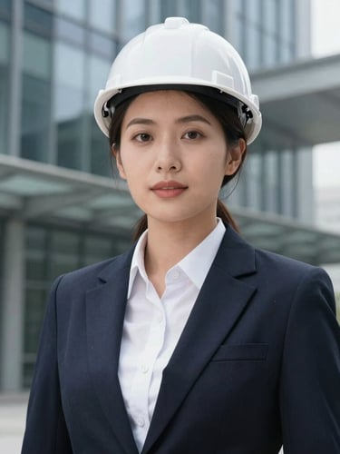 A sophisticated close-up portrait of a female civil engineer in a modern architectural setting, natural daylight, soft focus background of steel and glass, professional executive tone.