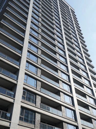 Wide-angle architectural perspective of a modern high-rise building under construction, clean lines, steel and concrete structures reflecting bright natural daylight.