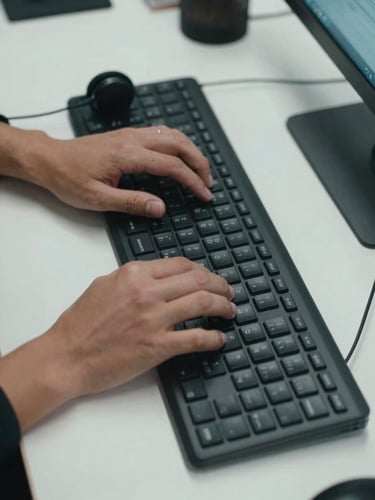 Close-up overhead shot of a single workstation, hands resting on a keyboard, phone headset cable visible to the side, organized desk surface under cool white office light, no person's face shown