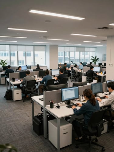 Wide-angle view of an open office floor, rows of staffed workstations under cool fluorescent and natural window light, workers at keyboards in an uncluttered environment, overhead perspective suggesting operational scale