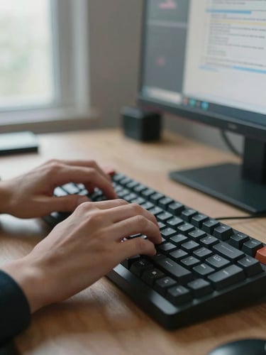 Close-up of hands on a mechanical keyboard at an organized workstation, a second monitor displaying structured documentation in the background, cool natural window light from the left, shallow depth of field emphasizing the hands mid-keystroke