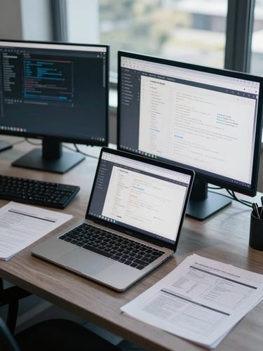 Wide overhead view of an organized development workstation — open laptop with a web application wireframe on screen, a second monitor, printed spec sheets beside the keyboard, cool daylight from a large office window