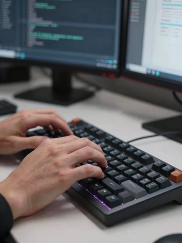 Close-up of a developer's hands on a mechanical keyboard at a clean workstation, dual monitors displaying code and a web interface in the background, cool studio lighting, sharp focus on fingertips mid-keystroke