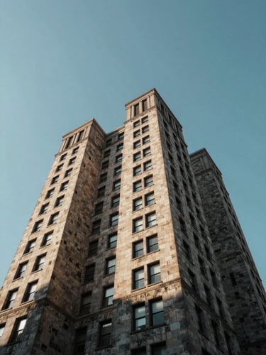 Low angle looking up at the South Estate towers from open ground, clear morning light raking across the stone facade, sky filling the upper two-thirds of the frame, architectural texture and shadow visible on the building surface