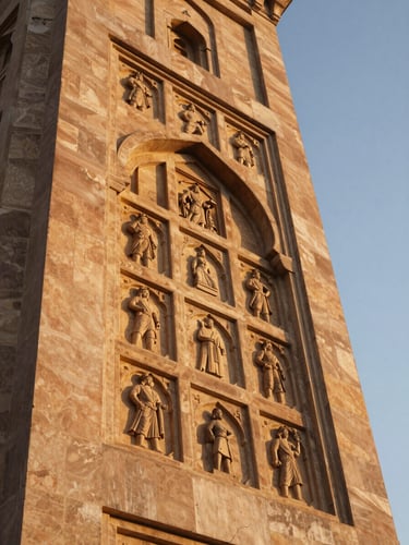 Low angle looking up along a tower facade at golden hour, smooth monolithic concrete surface meeting Mughal-inspired stone relief panel, sharp geometry, warm amber raking light casting deep shadows on the relief, no people, no signage