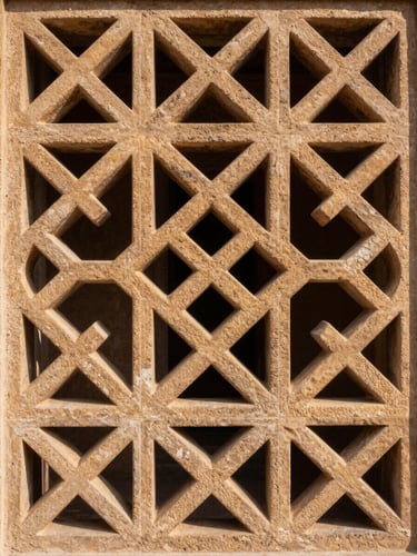 Extreme close-up of Mughal-inspired jali stone screen, sharp angular geometry carved in warm sandstone, photographed straight-on in clear morning overcast light emphasising deep shadow and texture, no people