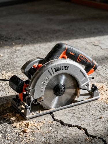 Low-angle heroic shot of a Tungsten cordless circular saw resting on cracked concrete, covered in fresh sawdust, harsh dramatic side-lighting, 35mm