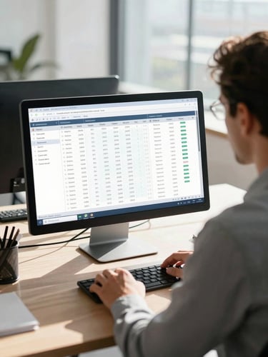 Over-the-shoulder view of a financial analyst working on a clean digital tax dashboard, sunlit modern office in Brazil, bright natural daylight, professional environment.