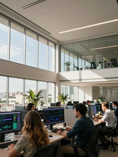 Wide environmental shot of a modern, sunlit corporate office in Brazil, clean architectural lines, glass partitions, natural daylight illuminating a professional workspace with digital dashboards on screens, candid atmosphere.