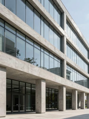 Wide environmental shot of contemporary office architecture, clean concrete and glass details, bright natural daylight, structured lines, professional atmosphere.