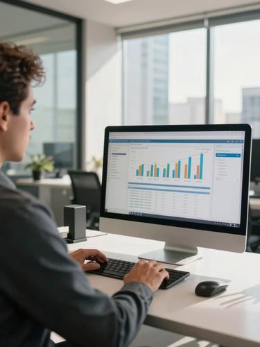 Wide environmental shot of a modern, sunlit corporate office in Brazil, a professional working with financial dashboards on a clean desk, natural daylight, over-the-shoulder perspective, candid documentary style.