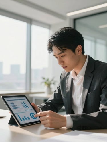Bright modern office with a professional reviewing financial analytics on a tablet, natural sunlight, clean architectural lines.