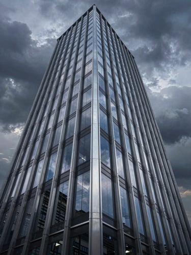 A low-angle dramatic shot of a high-rise facade reflecting a stormy twilight sky, cold metallic mullions, sharp architectural angles.