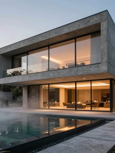Cinematic architectural visualization of a modern concrete villa at dusk, camera tracking slowly past floor-to-ceiling glass windows revealing warm interior lighting, mist rising from a minimalist pool, dramatic low-angle framing.