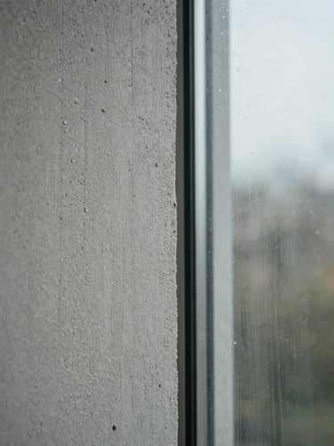 A macro detail shot of textured board-marked concrete meeting a seamless glass pane, soft diffused overcast light, water droplets clinging to the surface.