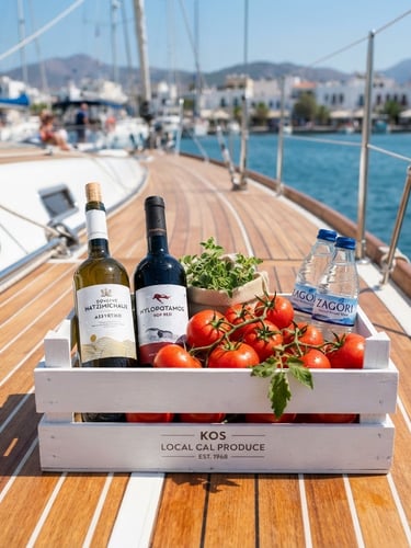 A pristine wooden yacht deck at Kos Marina in bright Mediterranean sunlight, with a freshly packed white grocery crate containing local Greek wine, fresh tomatoes, and mineral water, shallow depth of field.