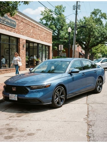Crisp editorial photography of a clean modern sedan parked on a sunny Springfield street, bright natural daylight, 35mm lens
