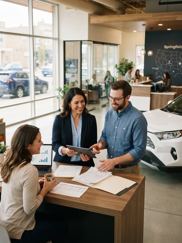 Approachable professional auto insurance agents in a bright, modern Springfield office setting, warm natural light, 35mm lens