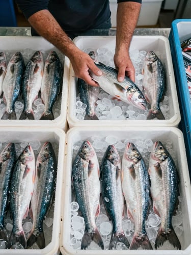 Overhead flat lay of delivery crates being unloaded at a fishmonger's counter, whole fish packed in ice, a worker's hands visible lifting a fish from the crate, cool overcast daylight, labeled crate markings visible, no finished dishes or customers