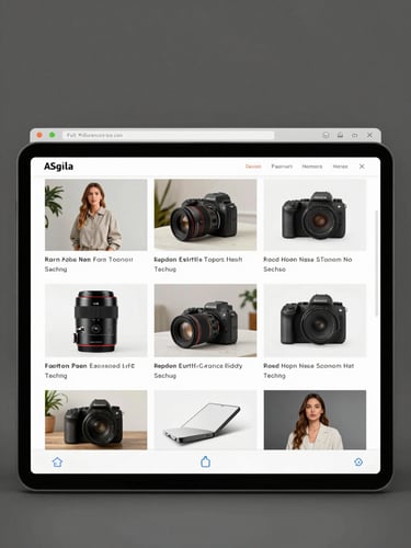 Full-browser desktop screenshot of a clean e-commerce storefront with product grid visible, shot straight-on under neutral studio light, tight frame filling the entire browser chrome, no text overlays