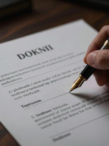 Close-up of a fountain pen signing an official legal document on dark wood, dramatic low-key lighting with golden accents, sharp focus, 50mm lens