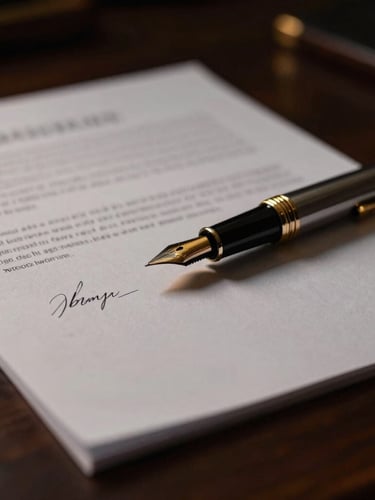 Close-up of legal documents on a dark wooden desk, a luxury fountain pen resting on a signed page, low-key lighting with warm gold tones, sharp focus on the metallic nib.