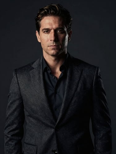 Authoritative portrait of Dr. Thiago Steffens in a dark tailored suit, low-key dramatic chiaroscuro lighting, deep graphite background, sharp focus, gold accent highlights.