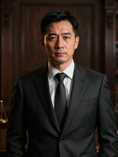 Authoritative portrait of a male lawyer in a dark tailored suit, serious expression, dramatic low-key lighting with golden highlights, classic law office background.