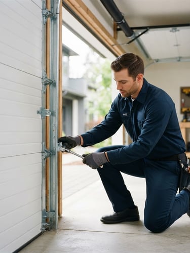 A neat professional technician in a clean uniform adjusting the steel tracks of a modern residential garage door, bright natural daylight, crisp commercial photography, 35mm lens