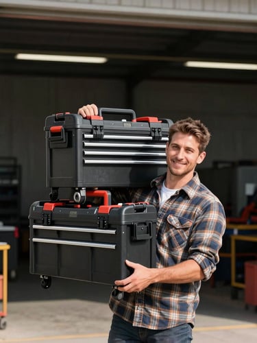 Straight-on crisp shot of a local tradesman in a rugged flannel shirt carrying a heavy tool organizer near a warehouse entrance, bright daylight, sharp focus, 35mm