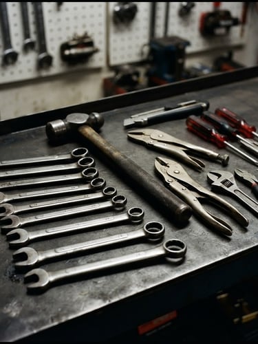 Sharp product photography of heavy-duty steel hand tools neatly arranged on a dark metal workbench, bright direct workshop light, high-contrast industrial tones, clean focus, 35mm