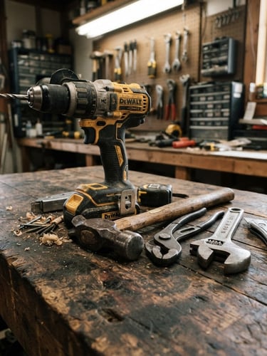 Sharp product photography of a heavy-duty power drill and rugged steel hand tools resting on a worn wooden workbench, bright direct workshop light, high-contrast industrial tones, 35mm