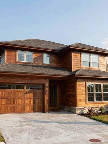 Wide-angle environmental shot of a restored premium residential exterior, clean roof lines, rich cedar wood tones, zero-residue finish.